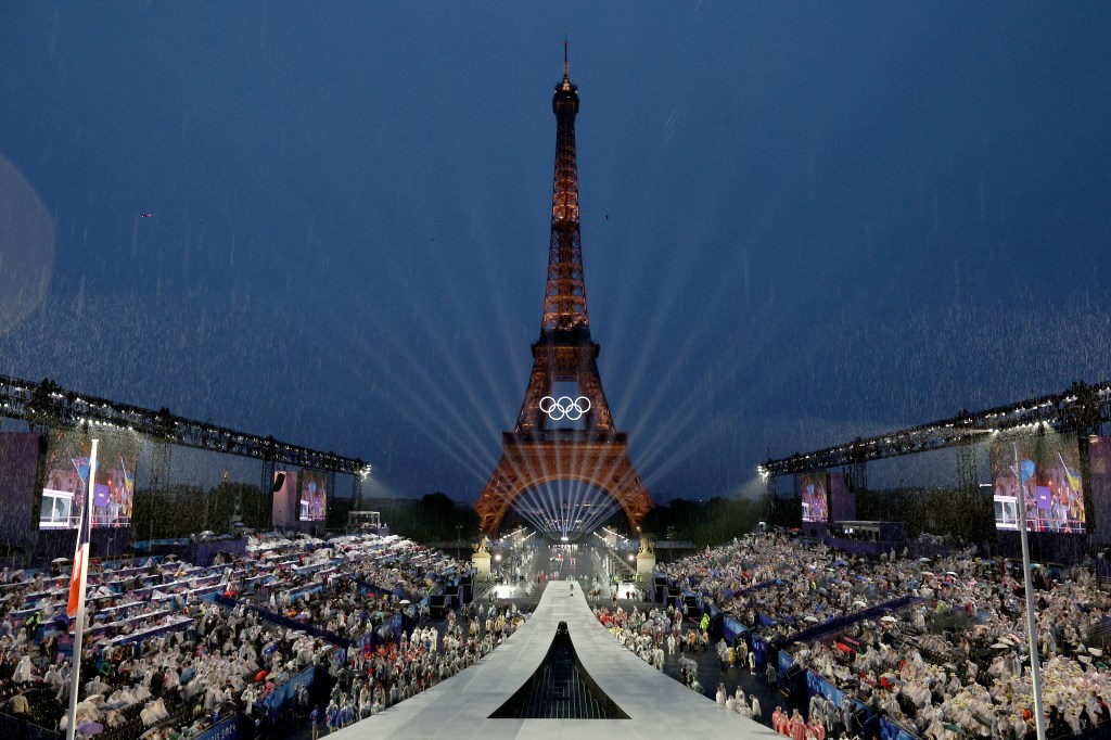 General view of the Eiffel Tower and Place Du Trocadero filled with a large crowd during the opening ceremony of the Paris 2024 Olympic Games